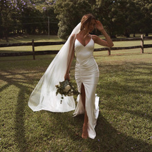 新款欧美外贸婚纱亚马逊缎面婚纱气质简约拖尾礼服草坪婚礼