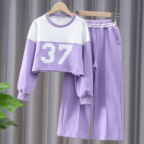 Spring and Autumn Girls' Sports Suit, Big Children's Short Loose Long-Sleeved Sweatshirt and Casual Pants Two-piece Set for Girls and Children's Clothing