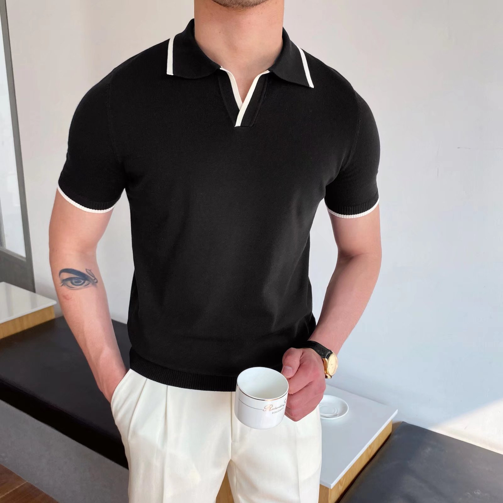 Casual Lapel Polo Shirt Men's Business Versatile Slim Micro-Elastic T-Shirt Summer Breathable Fashionable Knitted Iron-Free Short-Sleeved Shirt