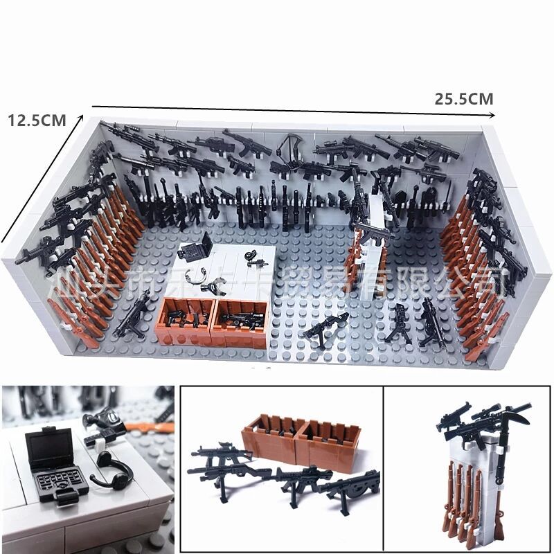 Bloques de construcción ensamblados de partículas pequeñas, armas, habitación, base militar, armas de la Segunda Guerra Mundial, minifiguras, compatibles con determinados juguetes de policía de alta tecnología.