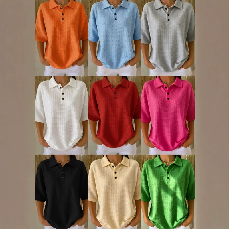 In-Stock Cross-Border Amazon Foreign Trade Fashion Button Waffle Knit 2026 Spring/Summer New Solid Color Pullover Loose Top