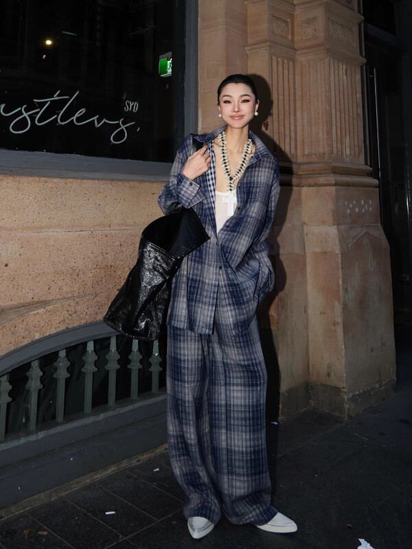 Autumn American Retro Gradient Plaid Loose Slimming Plaid Shirt ➕ Wide-Leg Casual Pants Two-Piece Set 146