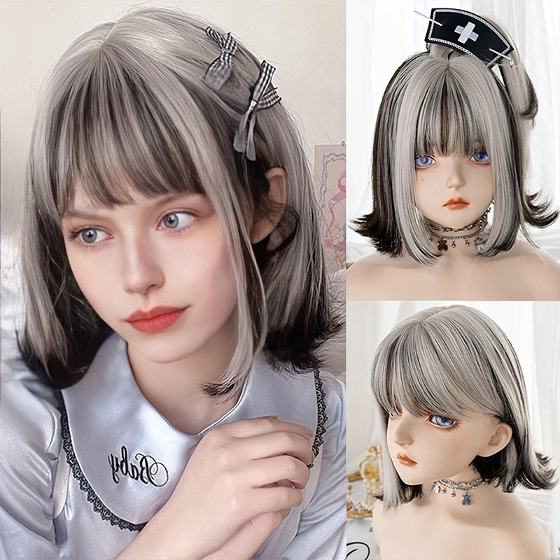 Short black Gray high gloss bangs synthetic wig Lolita role play fashion Daily heat resistant wig for women