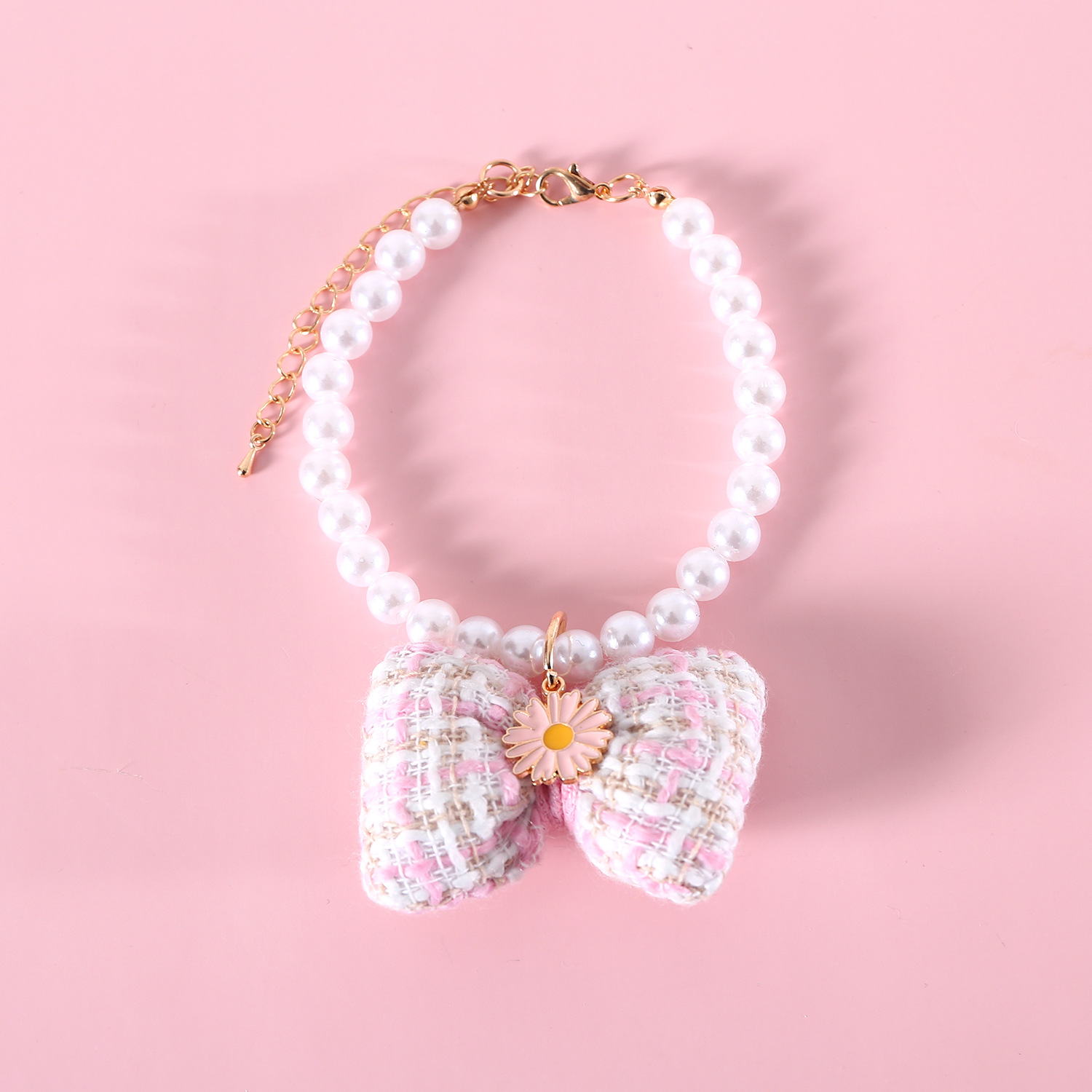 Pet Pearl Plaid Arco Colgante Collar Ajustable Perro Gato Daisy Princess Accesorios Collar de Cumpleaños