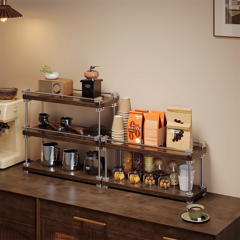 Taza de acero inoxidable de madera sólida Taza de café de esquina Estación de almacenamiento multicapa de tocador Perfume estante de escritorio
