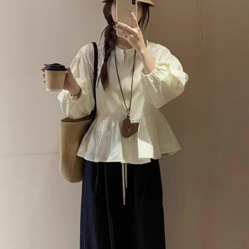 French Ruffled Hem Lantern Sleeve Shirt for Women Spring Design Niche Loose Slimming Sun Protection Jacket Top French Ruffled Hem Lantern Sleeve Shirt for Women Spring Design Niche Loose Slimming Sun Protection Jacket Top