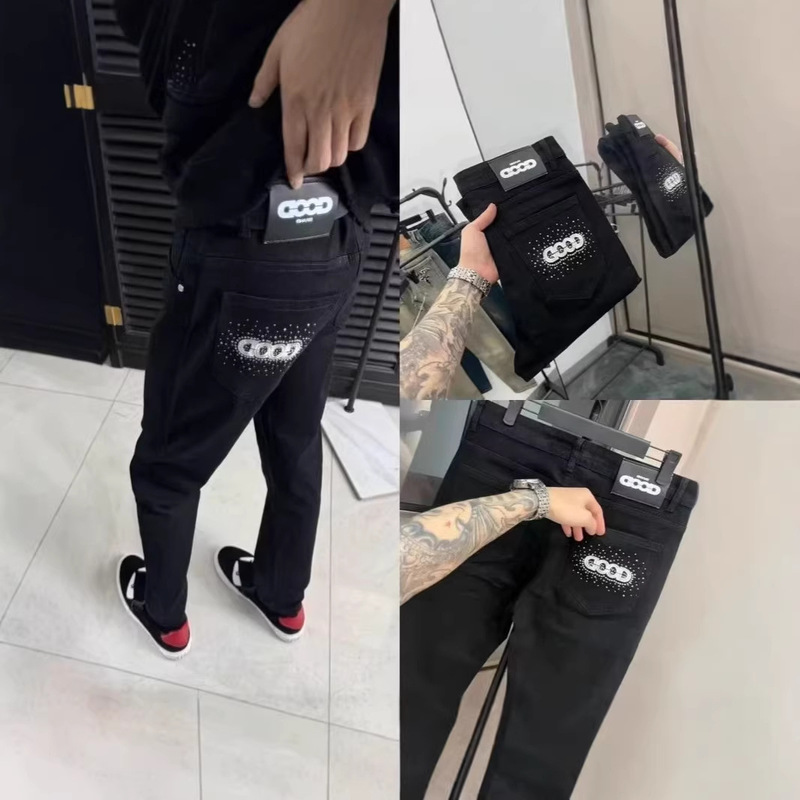 Trendy Hot-Selling Rhinestone Letter Good Embroidered Jeans, Slim Fit, Stylish, Cool, Versatile Straight-Leg Skinny Pants Trendy Hot-Selling Rhinestone Letter Good Embroidered Jeans, Slim Fit, Stylish, Cool, Versatile Straight-Leg Skinny Pants