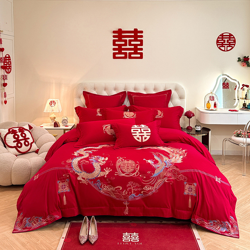 高档大红色婚庆四件套中式龙凤刺绣花结婚床上用品陪嫁六件套喜被