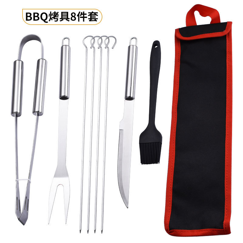 Fábrica directa de acero inoxidable BBQ set 9 piezas fuera del hogar conveniente bolsa de tela portátil herramienta de barbacoa