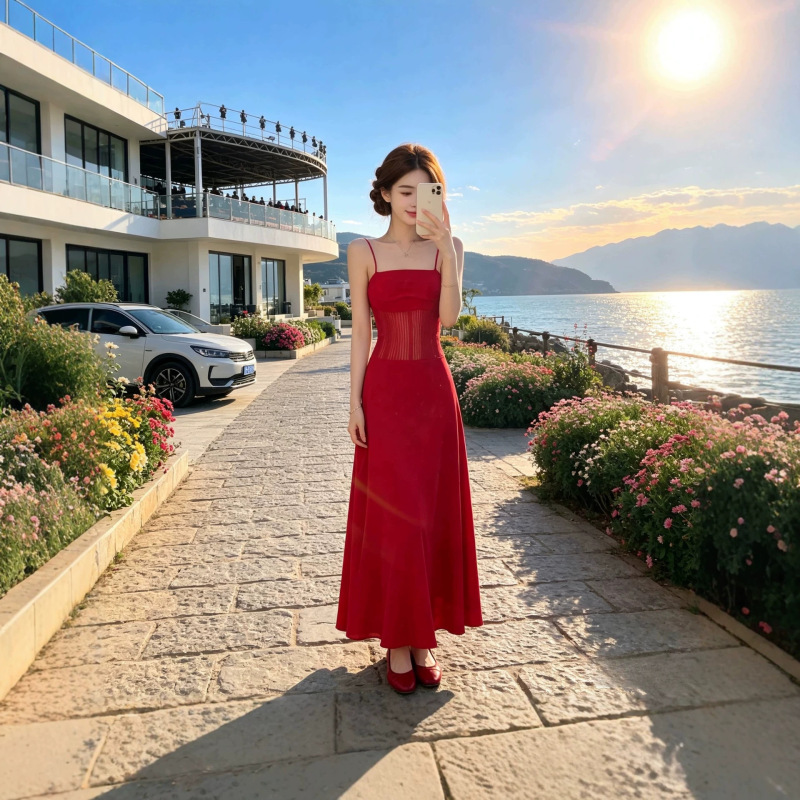 Hong Kong-Style Retro Stunning Red Design Strapless Hollow-Out Flowing Vacation Long Dress Christmas Annual Party Gown