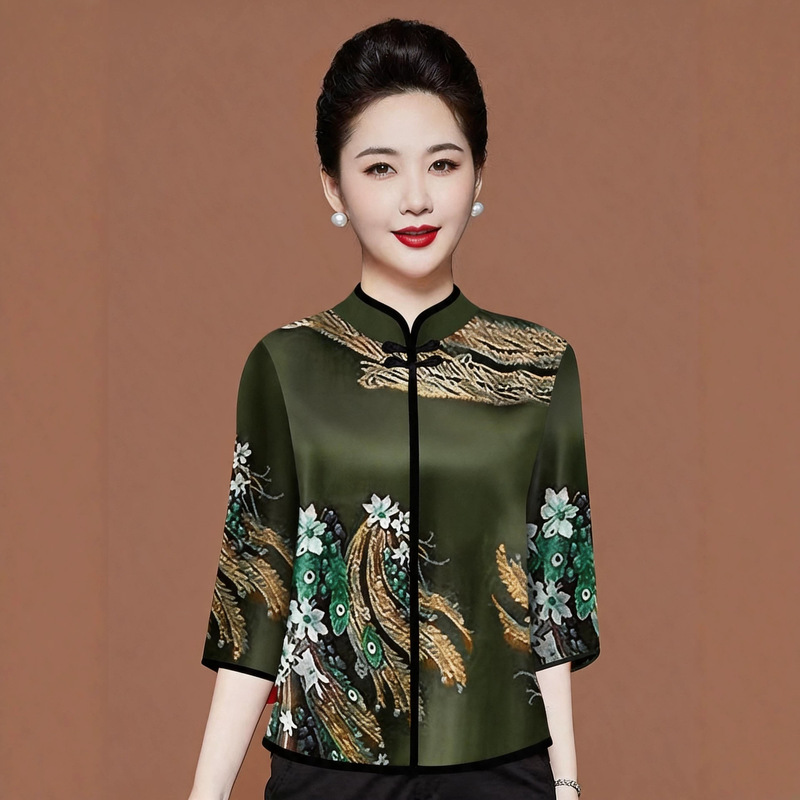 Three-quarter sleeve modified cheongsam Chinese style buttoned T-shirt women's retro printed ethnic style loose slimming top women's clothing