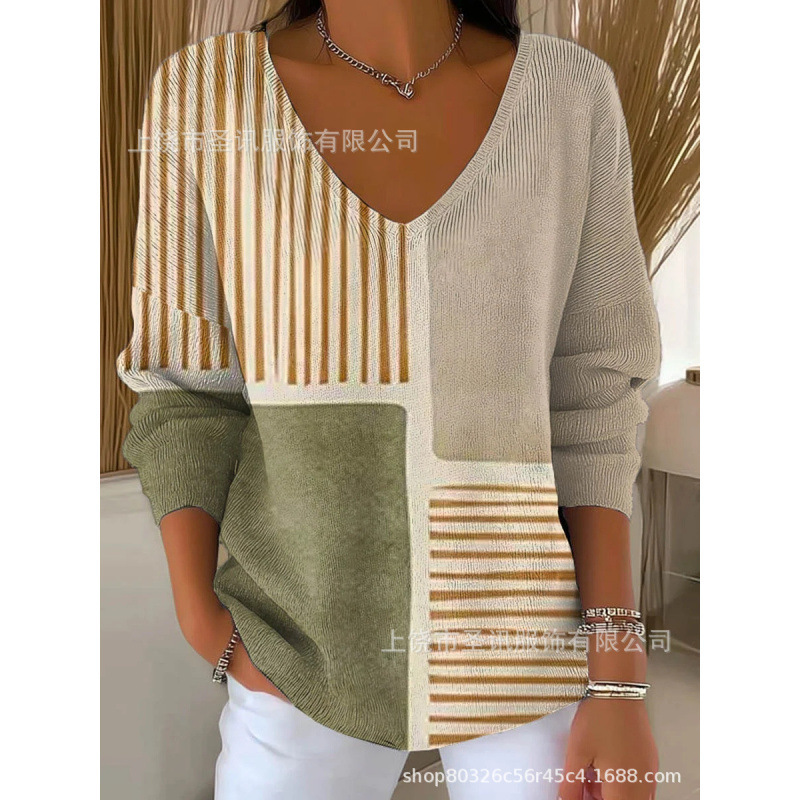 欧美跨境独立站新款3D印花女士时尚渐变色V领长袖T恤上衣|undefined