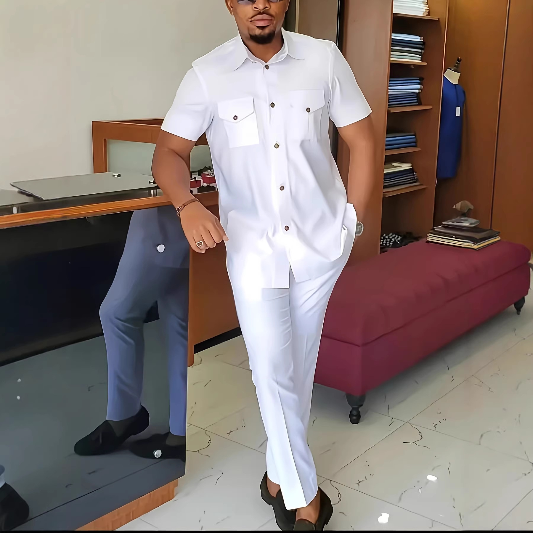 Traje de boda tradicional africano para hombre, conjunto de 2 piezas, cuello redondo, manga larga, top y pantalones, comercio exterior