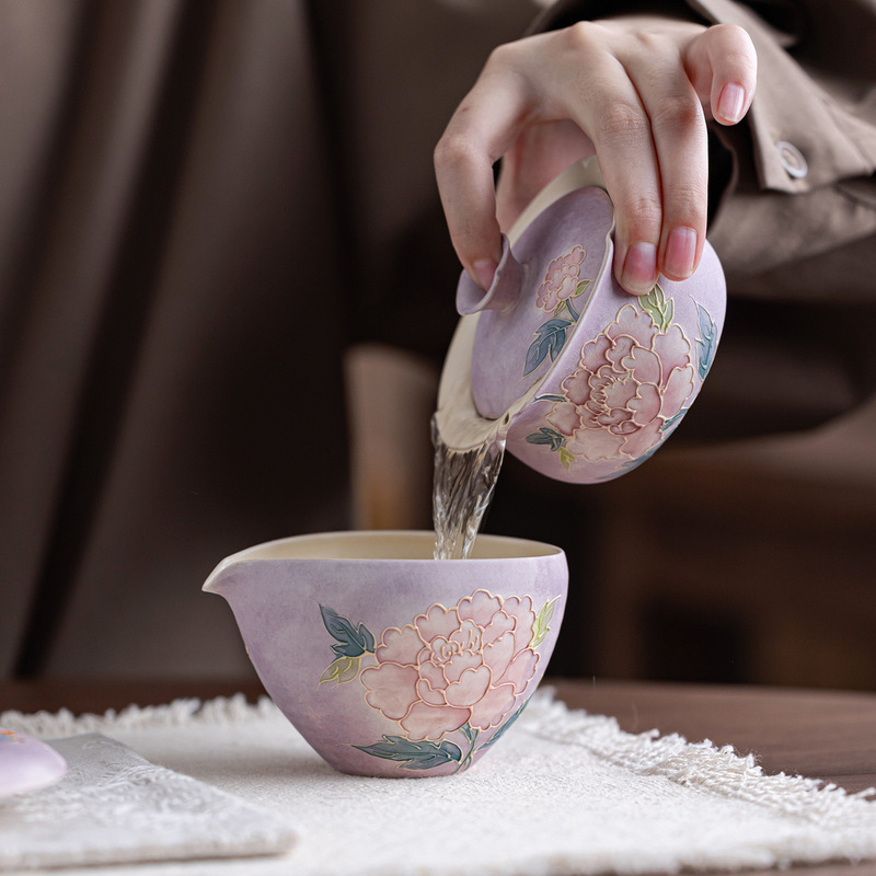 高颜值手绘立体堆雕牡丹三才盖碗陶瓷功夫茶具敬茶碗办公室泡茶|undefined