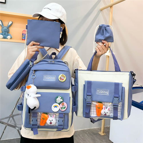 Junior high school student school bag female new Korean version Harajuku style large capacity five-piece set student backpack casual student backpack