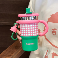 高颜値コーヒー保温カップの新製品2024ダブル飲料カップ女子大容量ハンドルストロー付きカップ