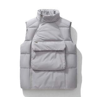 2025 Autumn and Winter New Style Personalized Large Flap Pocket Pants Zipper Large Flap Pocket Pants Stand-Up Collar Cotton Vest Pure Color Trendyy Sleeveless Waistcoat