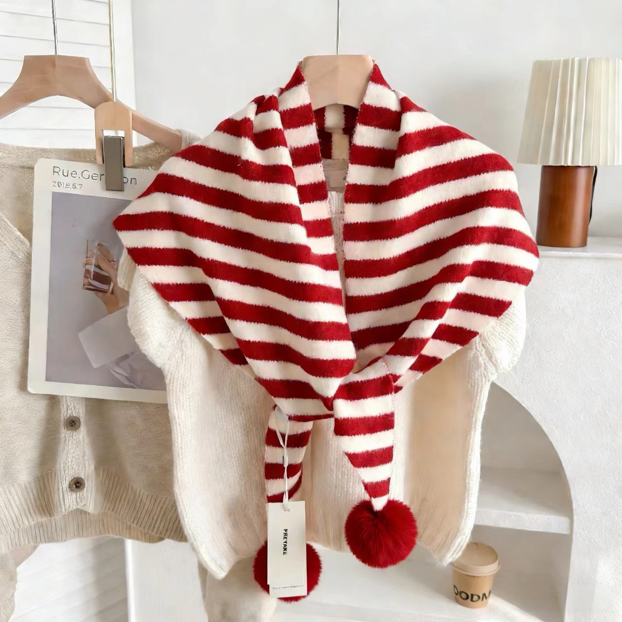 Korean-style versatile wool blend knitted pom-pom striped triangle scarf shawl for women, warm and cold-proof neck warmer for autumn and winter