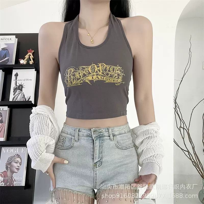 2023春夏辣妹无袖美背背心女带胸垫短款印花显瘦内搭外穿上衣女