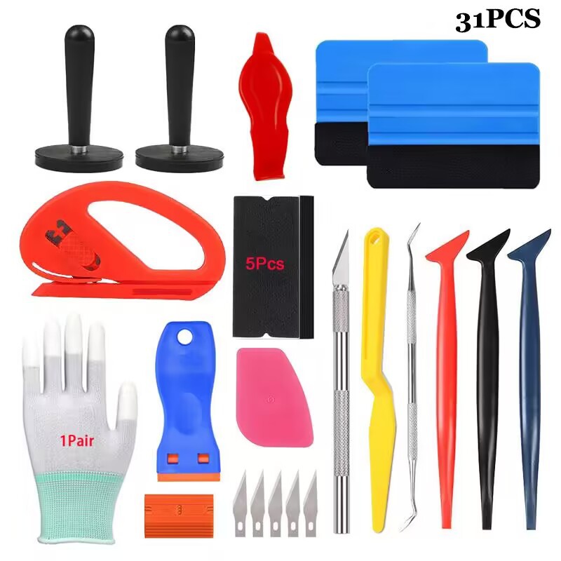 31 piezas herramientas de película de coche raspador de plástico que contiene raspador de fieltro de tela, cuchillo de talla, cuchilla y guantes