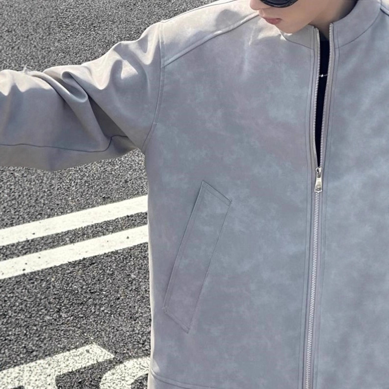 Chaqueta de cuero de pu de hombre de otoño chaqueta de niebla de cuello de béisbol entrenador de calle chaqueta de cuello de moda masculina