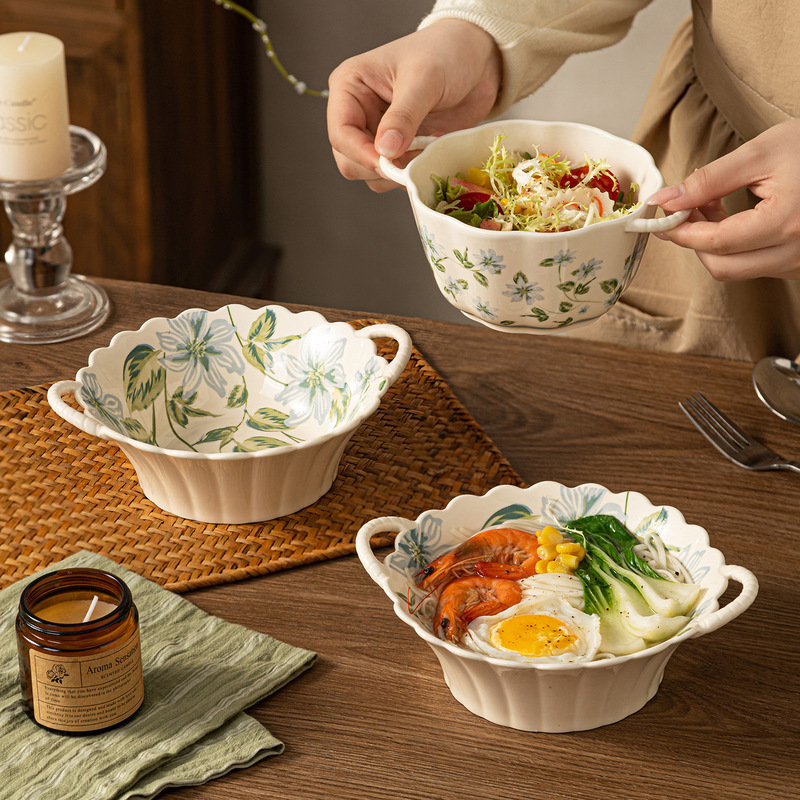 Blue and Green Floral Custom Ceramic Bowl with High Aesthetic Value, Double-Handle Bowl, Fresh Style Dinner Plate, Housewarming Household Bowl and Plate Set Blue and Green Floral Custom Ceramic Bowl with High Aesthetic Value, Double-Handle Bowl, Fresh Style Dinner Plate, Housewarming Household Bowl and Plate Set