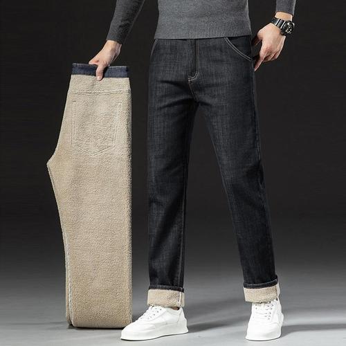 Men's Loose Straight Leg Thick Padded Jeans  New Arrival Mid-Age Cotton Elastic Autumn/Winter Warmth Cross-Border