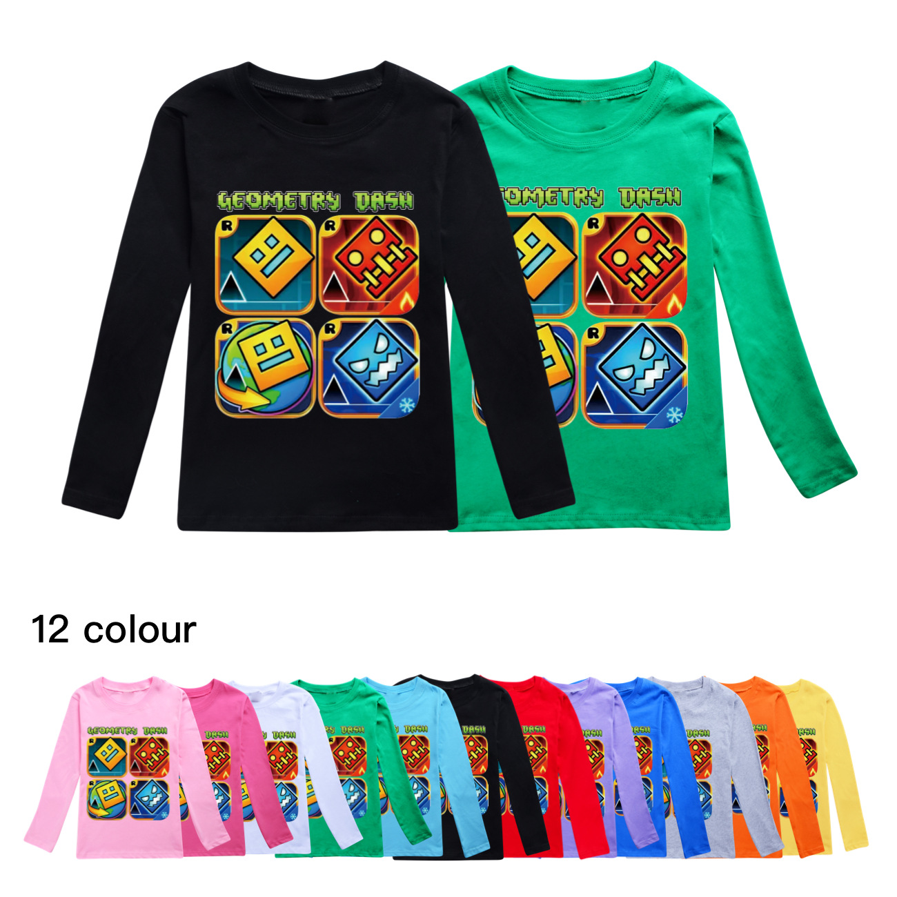 Spiel Geometrie Dash T Shirt Kinder Reine Baumwolle T-shirt Kleine Mädchen Langarm Tops kinder Cartoon Kleidung Jungen Sweatshirts – Detail 2