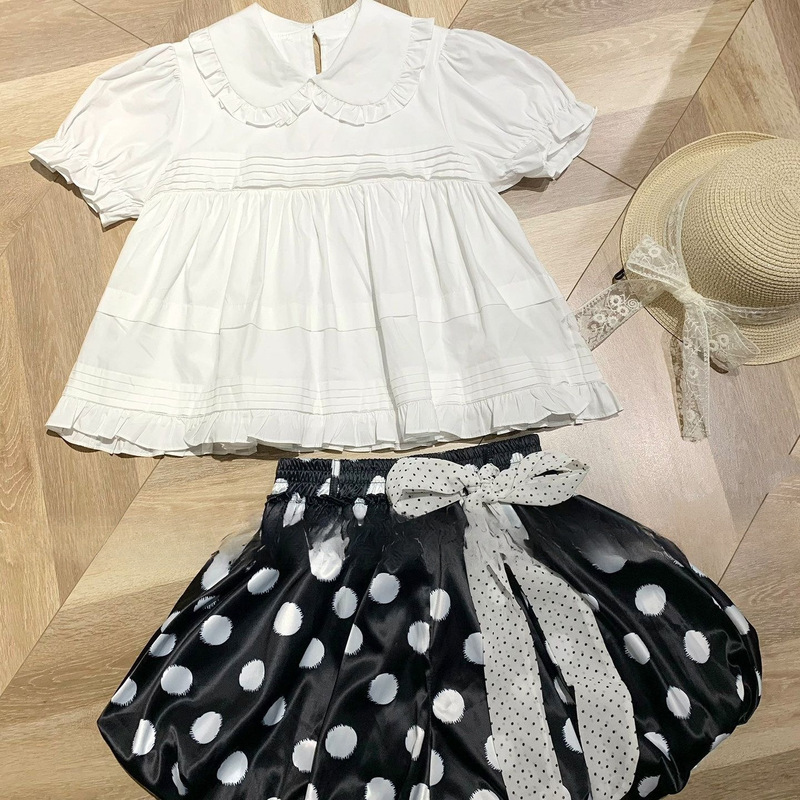 Versatile White Summer Top Short-Sleeve Japanese Sweet Style Pleated Short-Sleeve Babydoll Shirt Puff Sleeve Blouse for Women