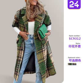 S9312 2026跨境秋冬新欧美女装时尚长袖翻领外套印花呢子长款大衣