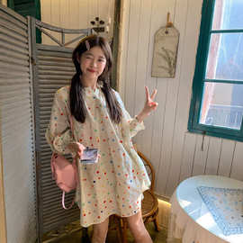 彩色波点印花长袖连衣裙女夏季新款甜美减龄设计感小个子宽松短裙
