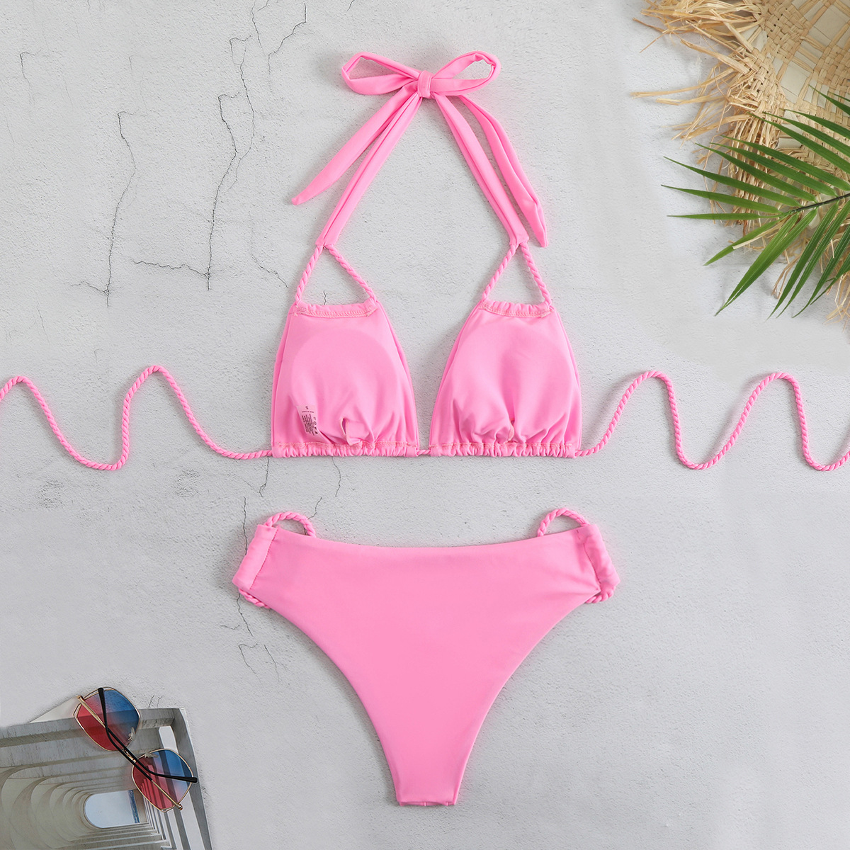 Polyester Fabric Type Women's Solid Color 2 Pieces Set Bikinis Swimwear