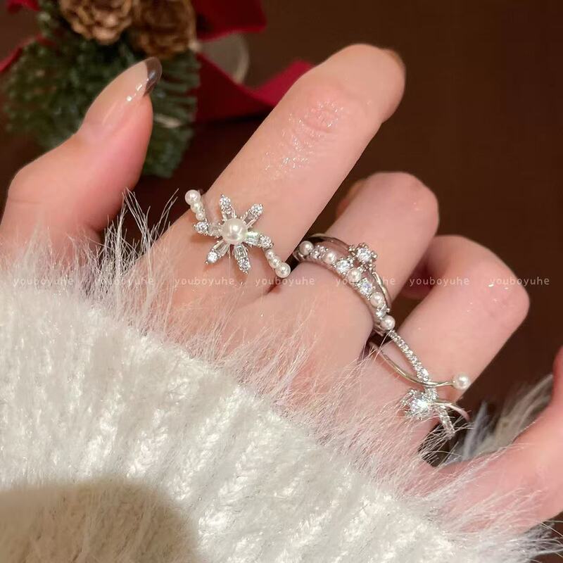 Broken Light~Exquisite Zircon Snowflake Pearl Ring for Women, Niche Design, Index Finger Ring, High-End Feel, Open Ring Broken Light~Exquisite Zircon Snowflake Pearl Ring for Women, Niche Design, Index Finger Ring, High-End Feel, Open Ring