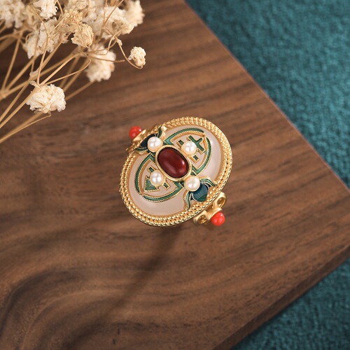 Palace design Chinese style elegant ancient gold enamel cloisonné multi-treasure ring inlaid with white jade and southern red ring