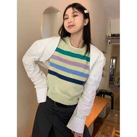 实拍 绿色圆领条纹无袖针织毛衣女外搭新款秋季修身复古马甲上衣