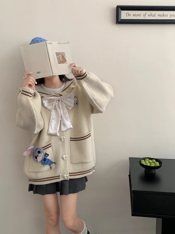 海军领可拆蝴蝶结毛衣外套女开衫慵懒甜美减龄2025新款宽松学院风|undefined