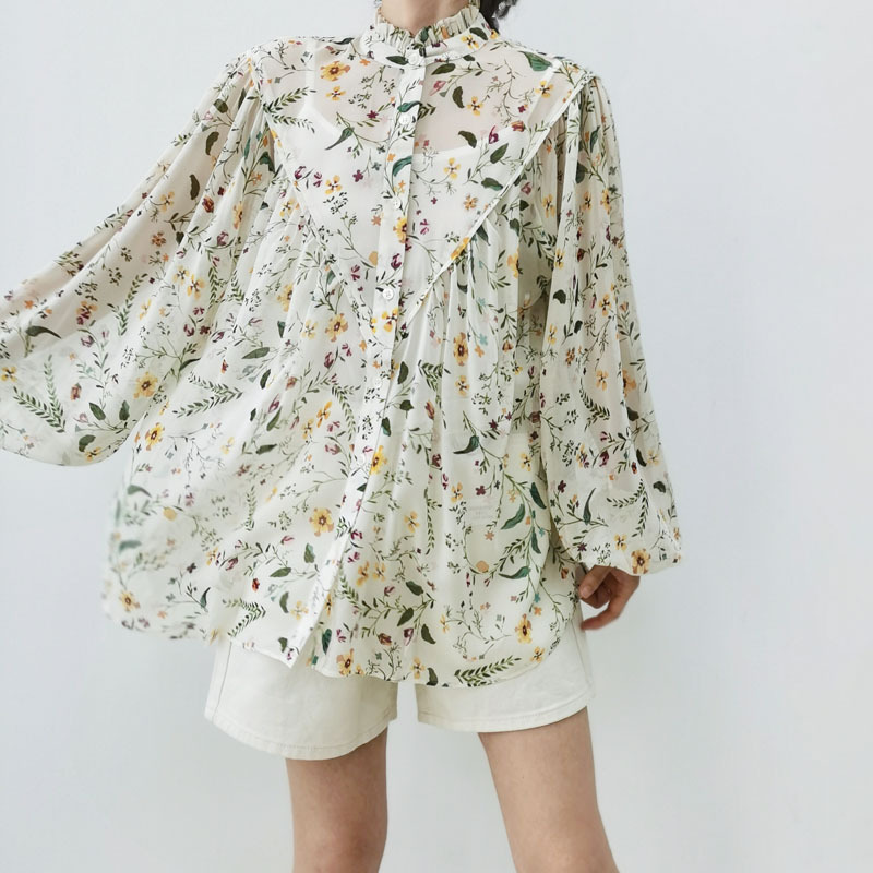 New French Style Holiday Style Loose Silk Floral Long Sleeve Shirt Women's Stand Collar Age-reducing Doll Shirt Shirt