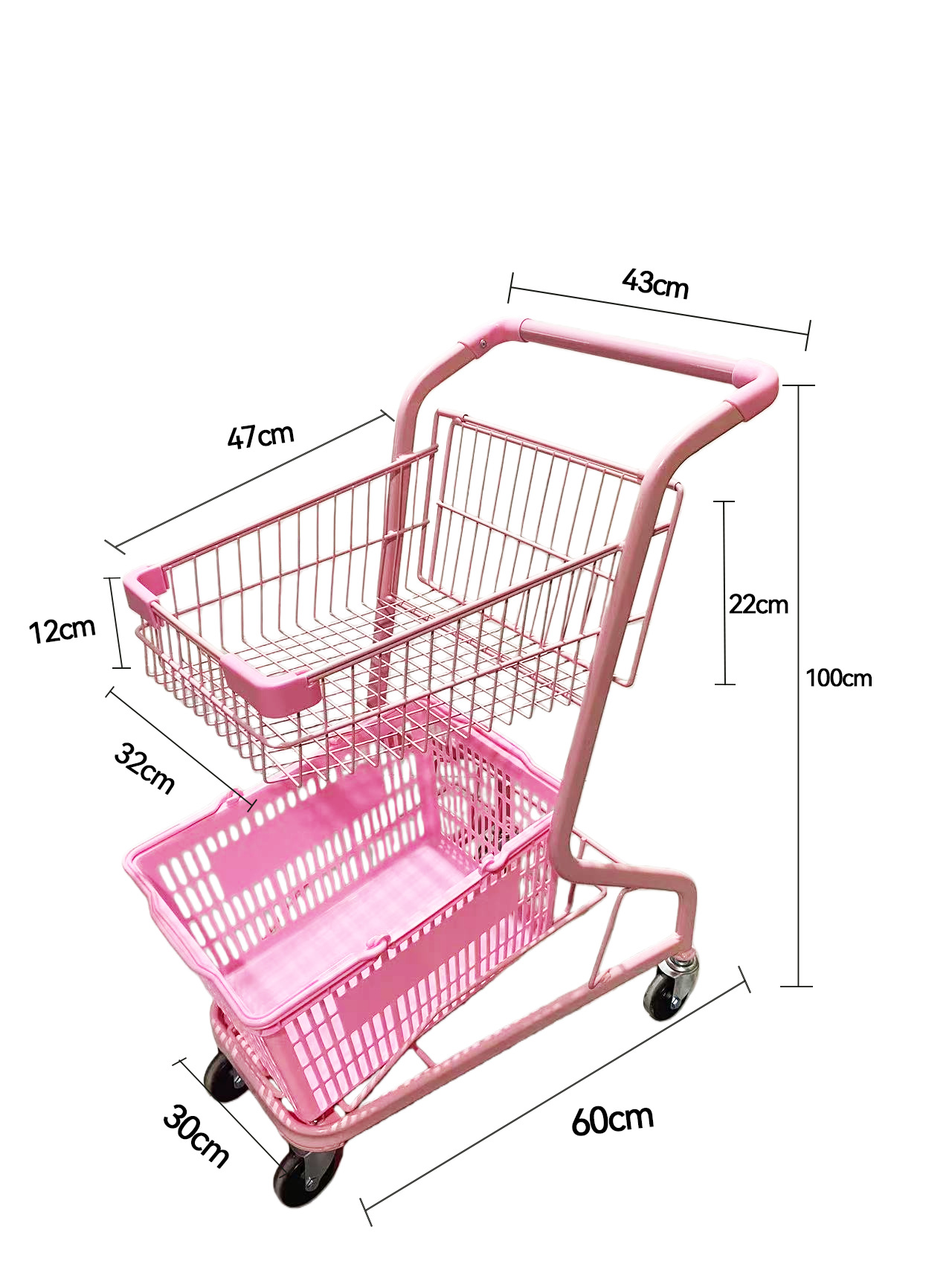 Supermercados multifuncionales agarran carritos de muñecas, centros comerciales de dos pisos, carritos de compras, puestos rojos de la red, carritos domésticos
