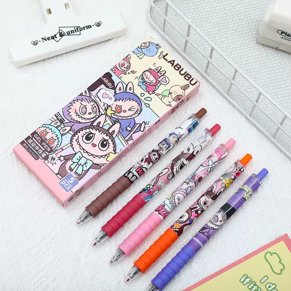 New Cute Labubu Retractable Gel Pen, High Aesthetic Value, Black Quick-Drying Ink, 0.5mm Pen for Students' Practice Questions, Stationery
