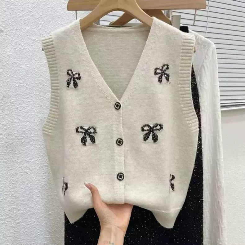 Sweet Style Knitted Vest with Bowknot Sequin Decoration, Spring and Autumn V-Neck Sleeveless Cardigan Outerwear Vest Top
