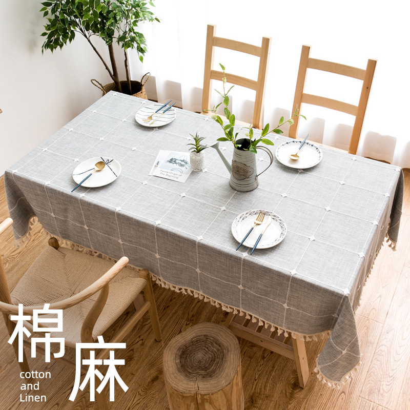 Modern Simple Cotton and Linen Solid Color Square Plaid Dustproof Tablecloth Rectangular Tassel Coffee Table Dining Table Hotel Tablecloth Table Mat