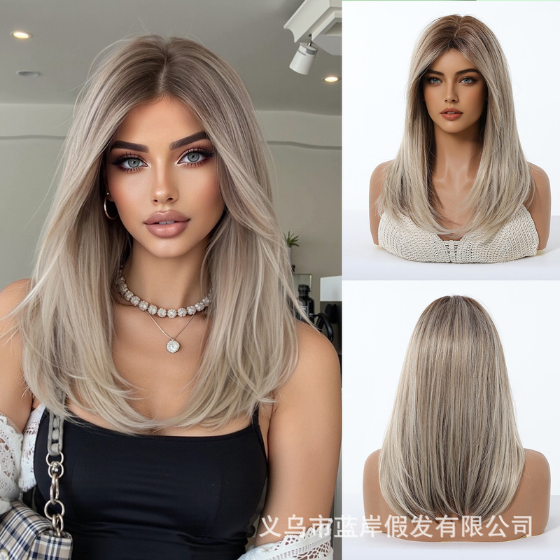 Foreign Trade Gradient Gold Wig for Women, Full Head Wig, Medium-Long Hair Wig, Halloween Cosplay Style Synthetic Fiber Hair