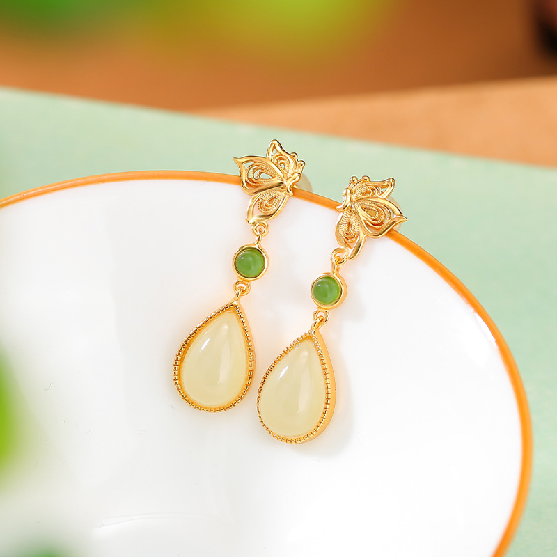 Khuyên tai nữ bạc S925 mạ vàng phong cách Trung Hoa cổ điển hình bướm hoa lụa rỗng giọt nước — Một cặp
