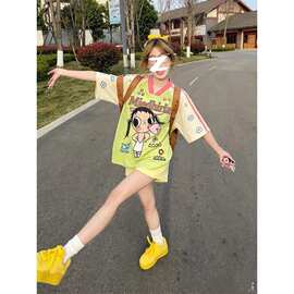 原版面料  原版做工  螺纹领口+后包边 印花领短袖女图片色磨毛