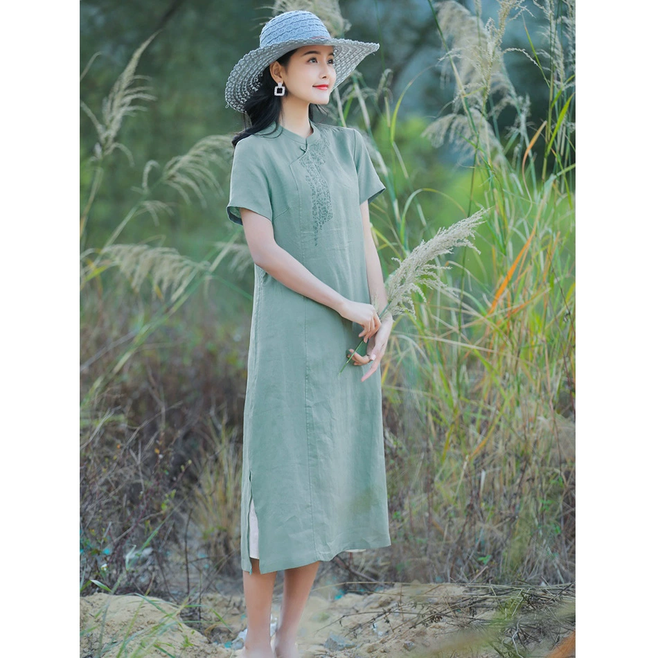2021 новая женская одежда, легкое китайское льняное длинное платье с вышивкой и короткими рукавами, женское платье