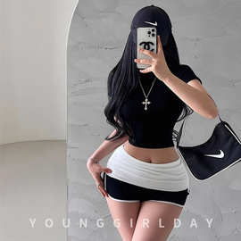 youngGirlday美式辣妹紧身显瘦拼色翻腰撞色瑜伽休闲运动短裤热裤