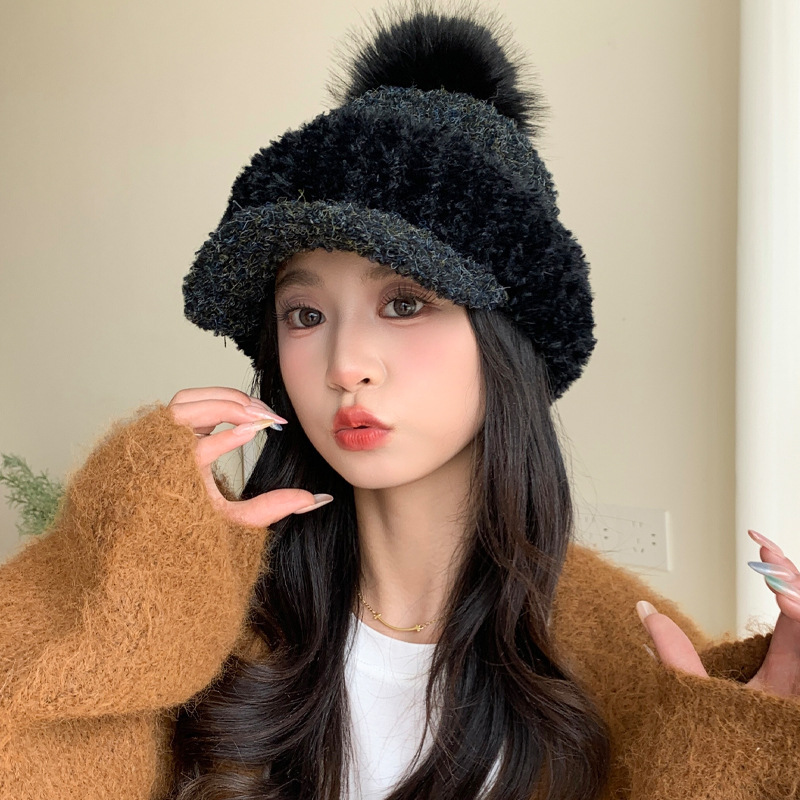 帽子女秋冬季可爱毛球加厚保暖毛绒帽韩系百搭鸭舌帽显脸小包头帽|undefined