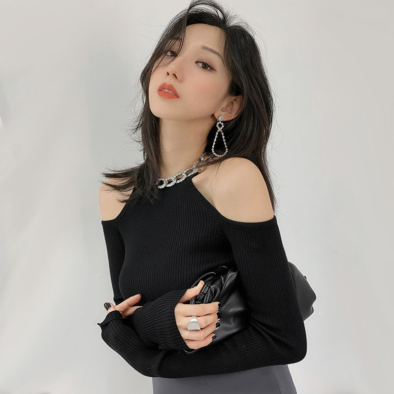 Sparkling Diamond Clavicle Chain Off-Shoulder Sexy Knitwear for Women in Autumn and Winter, Discreet Slim Fit Inner Top, Fashionable and Versatile