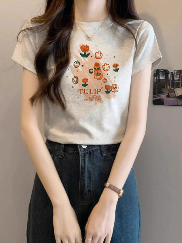 デザインニッチな右肩ピュアコットン半袖Tシャツレディース夏新作プリントスリムラウンドネックグレートップトレンディ|undefined