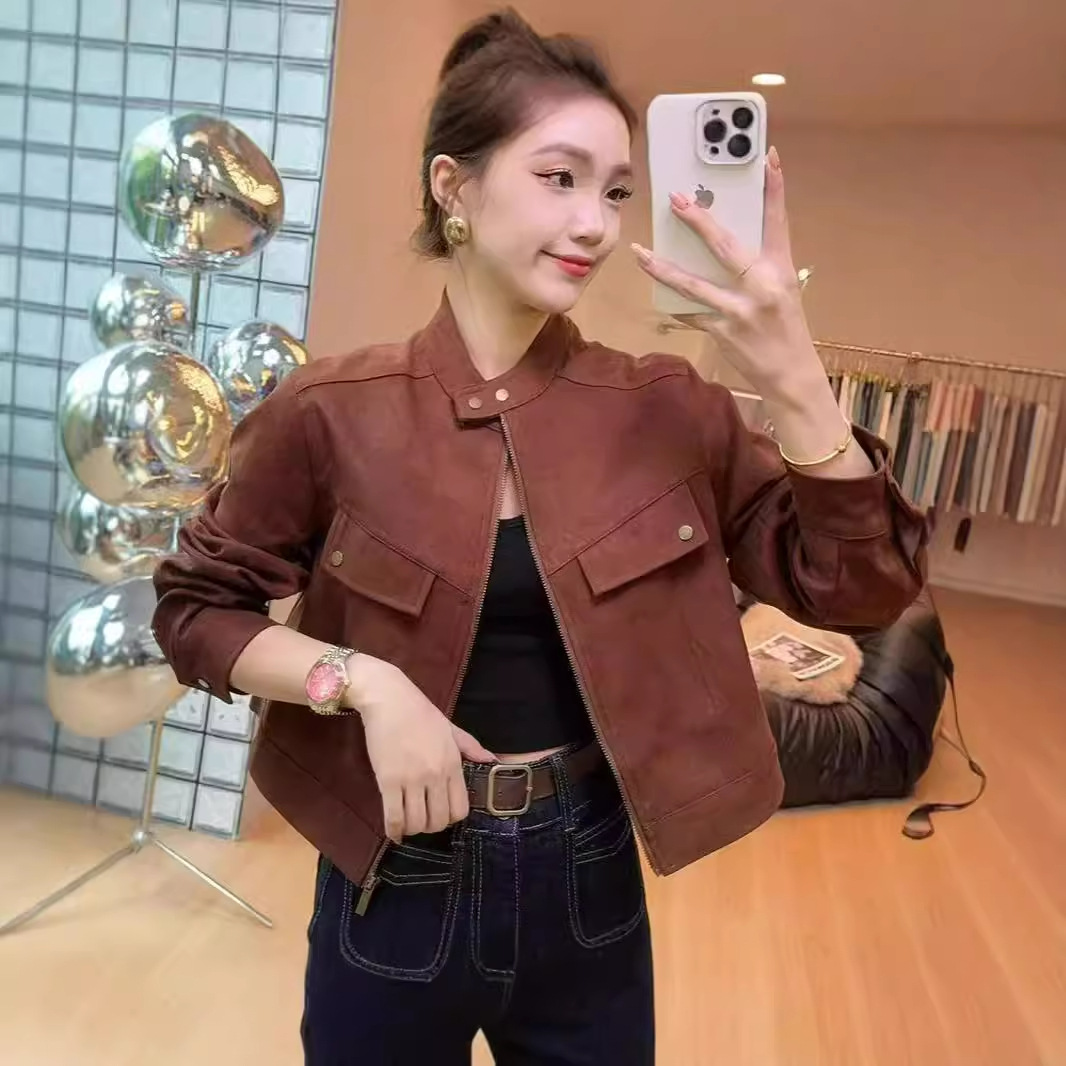 Retro stand-up collar suede early autumn coat for women, short, fashionable, loose, casual motorcycle jacket for petite women.